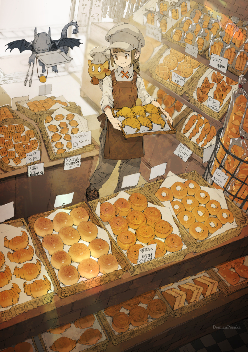 1girl apron artist_name bagel baguette bread chef_hat commentary croissant demizu_posuka food hat highres long_hair long_tongue original tail tongue very_long_tongue wings yen_sign