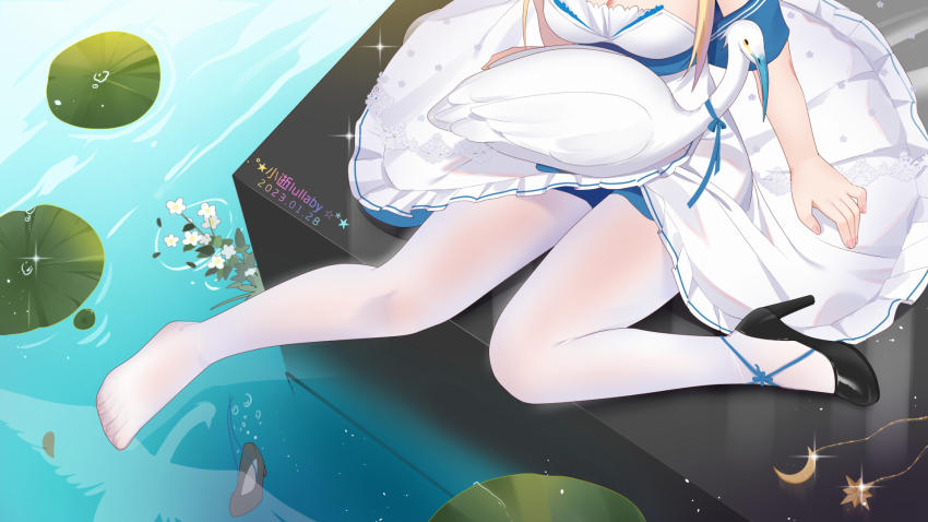 artist_name azur_lane bird black_shoes blonde_hair blue_dress breasts chinese_commentary cleavage dated dress dutch_angle feet from_above high_heels highres juneau_(azur_lane) juneau_(in_the_swan_garden)_(azur_lane) lily_pad lower_body medium_breasts pantyhose shoes single_shoe swan thighs toes two-tone_dress water white_dress white_pantyhose xiao_shi_lullaby