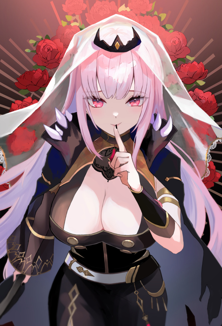 1girl absurdres black_cape black_dress black_nails black_tiara breasts cape cleavage dress finger_to_mouth floral_background flower highres hololive hololive_english large_breasts long_hair looking_at_viewer miei mori_calliope mori_calliope_(1st_costume) pink_eyes pink_hair red_flower red_rose rose shushing solo spiked_cape tiara veil virtual_youtuber
