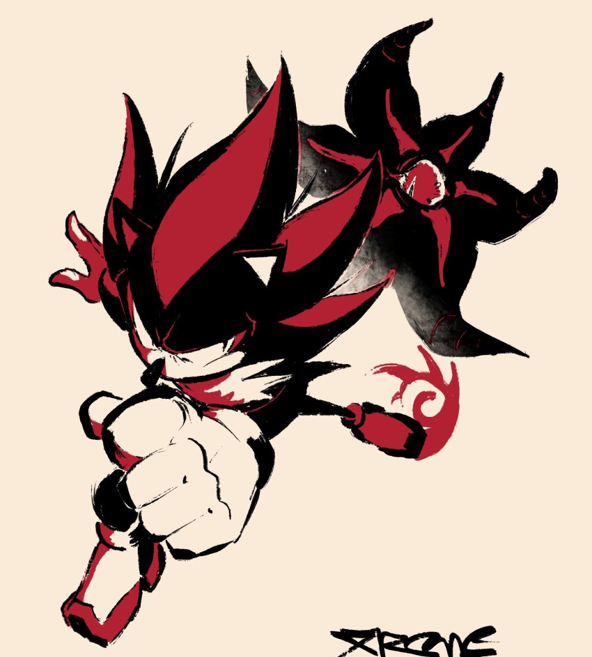 2boys alien animal_ears black_doom black_fur clenched_hand gloves hedgehog highres looking_at_another male_focus multiple_boys no_humans one-eyed shadow_the_hedgehog shoes signature sonic_(series) white_background white_gloves xtremexavier