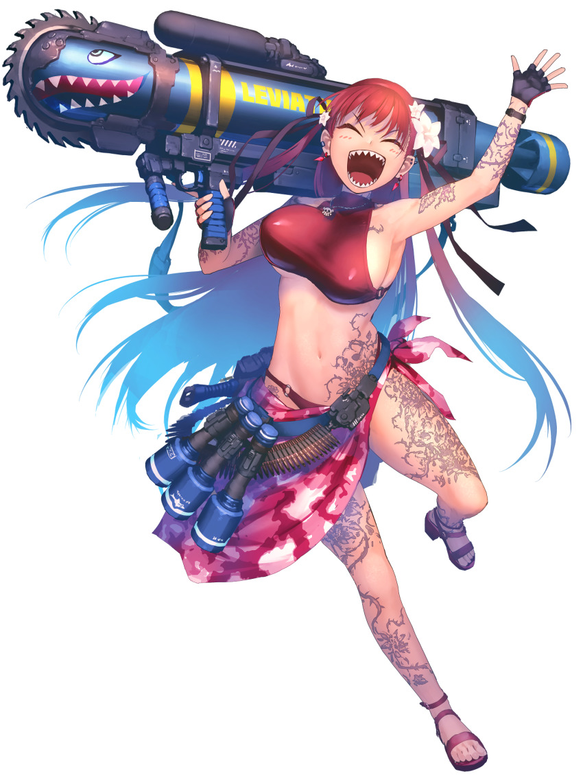 1girl arm_tattoo bandolier belt bikini blush_stickers breasts chain_paradox circular_saw closed_eyes commission earrings fingerless_gloves flower full_body gloves hair_flower hair_ornament hair_ribbon hetza_(hellshock) highres jewelry large_breasts leg_tattoo long_hair navel necklace nose_art open_mouth piercing red_bikini red_hair ribbon rocket_launcher sandals saw shark_nose_art sharp_teeth smile solo stick_grenade swimsuit tattoo teeth torpedo transparent_background very_long_hair waving weapon white_flower