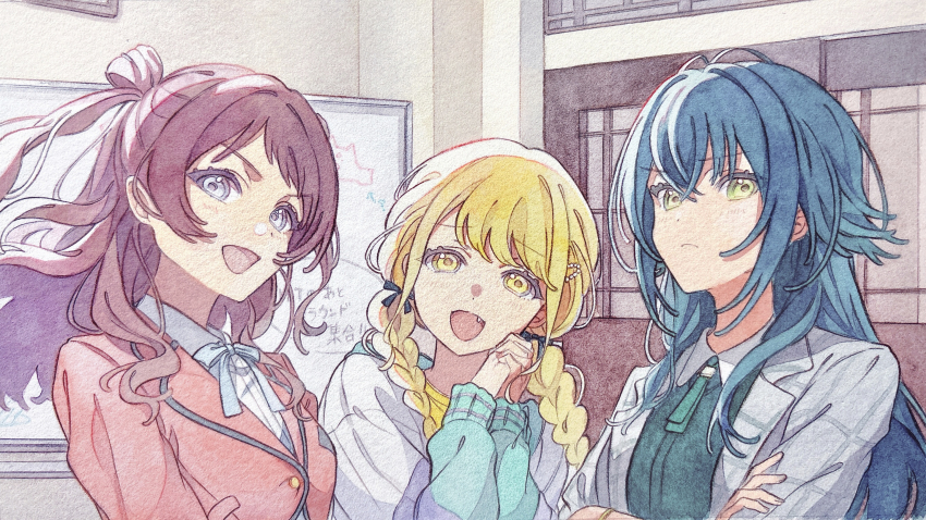 3girls antenna_hair black_ribbon blonde_hair blue_hair blue_ribbon braid brown_hair classroom coat collared_shirt commentary contrast_collar cropped_jacket crossed_arms dress_shirt fang frown fujita_kotone gakuen_idolmaster green_eyes green_jacket green_shirt grey_coat hair_ribbon hair_rings hanami_saki hatsuboshi_gakuen_school_uniform highres idolmaster in-universe_location indoors interlocked_fingers jacket long_hair looking_at_viewer low_twin_braids medium_hair multicolored_jacket multiple_girls neck_ribbon open_clothes open_coat open_jacket own_hands_clasped own_hands_together pato_(ptro) pink_jacket purple_jacket ribbon school_uniform shirt sliding_doors tsukimura_temari twin_braids two_side_up upper_body v-shaped_eyebrows white_jacket white_shirt whiteboard yellow_eyes yellow_shirt