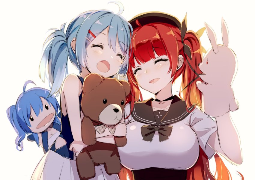 2girls aged_down ahoge argyle_clothes argyle_cutout azur_lane black_choker black_ribbon black_sailor_collar blue_hair blunt_bangs breasts character_doll choker cleavage closed_eyes clothing_cutout doll elbow_gloves gloves gotyou hair_ornament hairclip hand_puppet honolulu_(azur_lane) honolulu_(umbrella_girl)_(azur_lane) hugging_object large_breasts lena_(azur_lane) long_hair multiple_girls objectification one_side_up open_mouth puppet red_hair ribbon sailor_collar school_uniform serafuku short_twintails st._louis_(azur_lane) stuffed_animal stuffed_toy teddy_bear twintails upper_body very_long_hair white_background