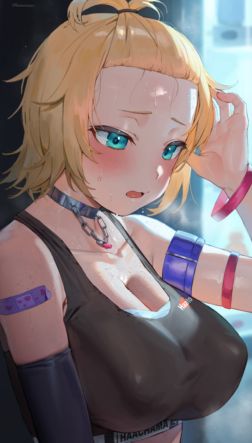1girl absurdres akai_haato akai_haato_(8th_costume) alternate_costume asymmetrical_sleeves bandaid blonde_hair blue_eyes blurry blurry_background blush breasts breath character_name collar forehead frikulu hair_ornament highres hololive large_breasts long_hair metal_collar short_hair single_sleeve solo sports_bra text_print virtual_youtuber wet wristband
