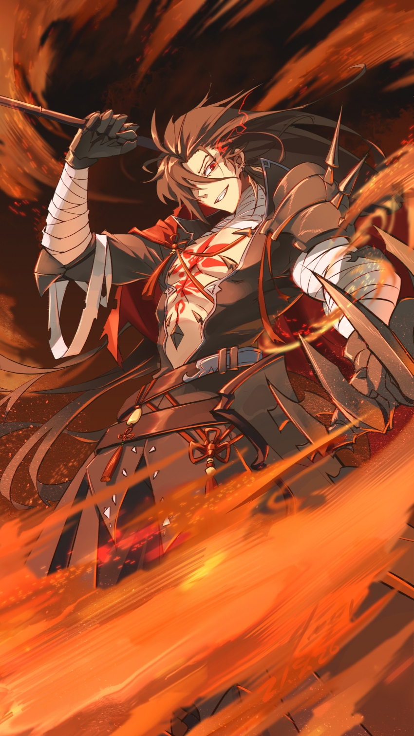 1boy absurdres armor bandaged_arm bandaged_neck bandages belt black_belt black_coat black_gloves black_hair black_pants brown_background cape chest_tattoo claw_ring coat earrings evil_grin evil_smile eye_trail faulds feet_out_of_frame fire gloves grin hair_over_one_eye hand_up hengxing_v highres holding holding_polearm holding_weapon jewelry lianhua_blood_duck_(the_tale_of_food) light_trail long_hair long_sleeves looking_at_viewer male_focus pants pectoral_cleavage pectorals plunging_neckline polearm pyrokinesis red_cape red_eyes shoulder_armor shoulder_spikes sleeves_rolled_up smile solo spikes standing tassel tattoo the_tale_of_food weapon