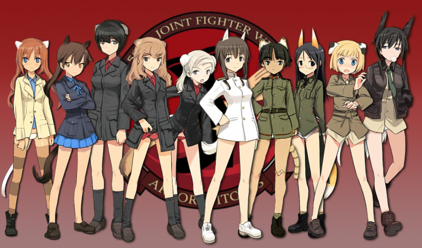 504th_joint_fighter_wing 6+girls angela_salas_larrazabal animal_ears bare_legs black_hair blonde_hair blowing_bubble_gum blowing_bubbles boots brown_hair cat_ears cat_girl cat_tail chewing_gum dog_ears dog_girl dog_tail dominica_s._gentile fernandia_malvezzi fox_ears fox_tail gradient_background head_wings horse_girl jane_t._godfrey long_hair luciana_mazzei martina_crespi military military_uniform multiple_girls nakajima_nishiki panties patricia_schade red_background red_panties shimada_fumikane short_hair skirt socks strike_witches strike_witches:_kurenai_no_majo-tachi striped_clothes striped_legwear striped_thighhighs suwa_amaki tail takei_junko thighhighs underwear wings world_witches_series