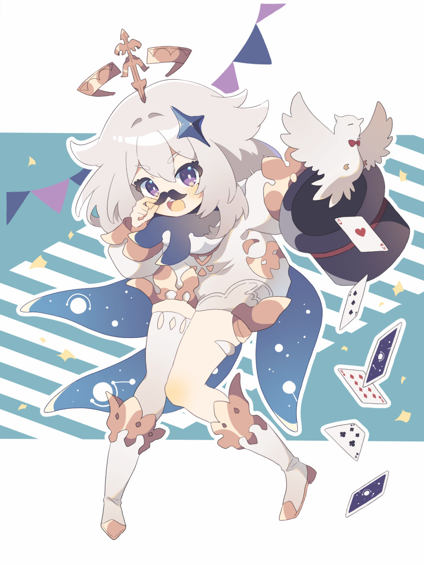 1girl absurdres ace_(playing_card) ace_of_hearts aqua_background arm_up bird black_cape black_hat blue_cape blush boots cape card commentary_request confetti dove eight_of_diamonds_(playing_card) eyelashes fake_facial_hair fake_mustache four_of_clubs full_body genshin_impact gold_trim hair_between_eyes hair_ornament halo hand_up hat heart highres holding holding_unworn_clothes holding_unworn_hat komano_shia leaning_forward long_sleeves looking_at_viewer medium_hair open_mouth paimon_(genshin_impact) playing_card purple_eyes sidelocks single_thighhigh sitting solo star_(symbol) star_hair_ornament string_of_flags teeth thighhighs three_of_spades top_hat two-tone_background unworn_hat unworn_headwear upper_teeth_only v-shaped_eyebrows white_background white_boots white_hair white_thighhighs wide_sleeves