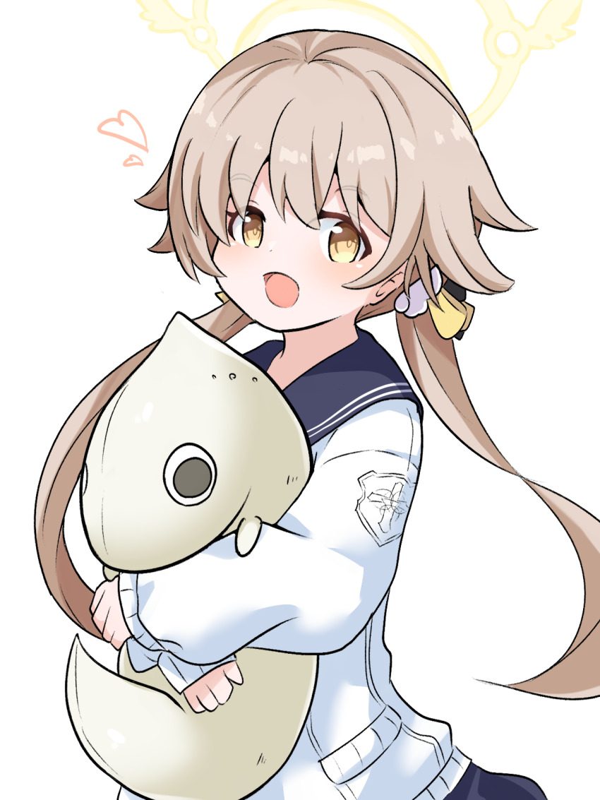 1girl :d amami_317 blue_archive blue_sailor_collar blue_skirt blush brown_hair cardigan commentary creature crossover dorsal_fin dot_nose gavadon hair_between_eyes hair_ornament hair_ribbon halo heart hifumi_(blue_archive) highres holding holding_creature long_hair long_sleeves looking_at_viewer low_twintails monster o_o open_mouth pleated_skirt ribbon sailor_collar school_uniform serafuku simple_background skirt sleeves_past_wrists smile tail twintails ultra_series ultraman_(1st_series) upper_body white_background white_cardigan wing_hair_ornament winged_halo yellow_eyes