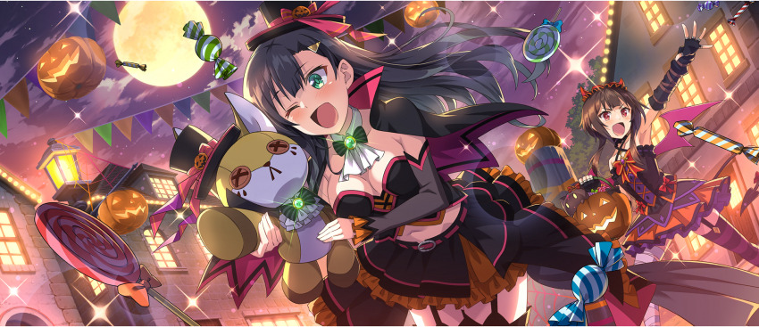 2girls ;d armpit_crease armpits ascot bandaged_leg bandages black_bow black_bowtie black_bustier black_cape black_cat black_dress black_gloves black_hair black_hat black_skirt black_sleeves black_thighhighs bow bowtie breasts brown_hair bucket building bustier button_eyes buttons candy cape cat chomusuke cleavage cloud cloudy_sky collar collarbone demon_horns demon_tail demon_wings detached_collar detached_sleeves diagonal_bangs dress dress_bow fake_horns fake_tail fake_wings fingerless_gloves food from_below full_moon game_cg garter_straps gloves green_brooch green_eyes hair_ornament hairclip halloween halloween_bucket halloween_costume halter_dress halterneck happy hat highres holding holding_bucket holding_stuffed_toy horned_headwear horns jack-o&#039;-lantern jack-o&#039;-lantern_hat_ornament kono_subarashii_sekai_ni_shukufuku_wo! konosuba!_fantastic_days layered_skirt lia_(konosuba) light_blush lollipop long_hair looking_at_object medium_breasts megumin midriff mini_hat mini_top_hat miniskirt moon multicolored_dress multiple_girls navel night official_alternate_costume official_art one_eye_closed open_mouth orange_skirt outdoors outstretched_arm parted_bangs pink_cape purple_thighhighs red_bow red_eyes red_horns red_wings road shade short_hair short_hair_with_long_locks single_garter_strap single_thighhigh skirt skirt_under_dress sky small_breasts smile street striped_clothes striped_thighhighs stuffed_animal stuffed_fox stuffed_toy swirl_lollipop tail thighhighs top_hat two-sided_cape two-sided_fabric two-tone_skirt two-tone_thighhighs v-shaped_eyebrows white_ascot white_collar wings yellow_moon zettai_ryouiki