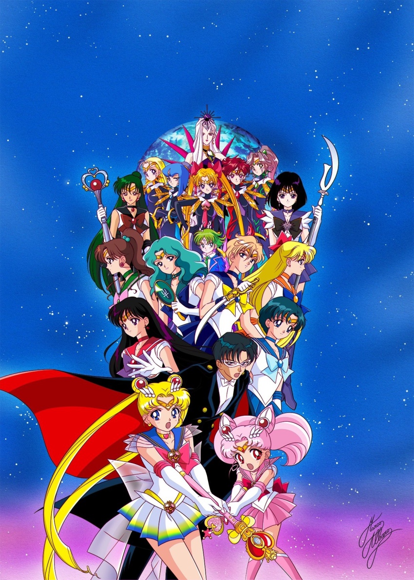 2boys 6+girls :o aino_minako anshar_(sailor_moon) aqua_hair back_bow bishoujo_senshi_sailor_moon bishoujo_senshi_sailor_moon_another_story bishoujo_senshi_sailor_moon_s black_bodysuit black_choker black_hair black_sailor_collar blonde_hair blue_bow blue_choker blue_eyes blue_hair blue_jacket blue_sailor_collar blue_skirt bob_cut bodysuit boots bow brooch brown_bow brown_hair cape chiba_mamoru chibi_usa choker circlet cone_hair_bun cosmic_heart_compact crossed_arms curly_sidelocks deep_aqua_mirror dot_nose earrings earth_(planet) elbow_gloves flipped_hair flower_earrings garnet_rod gloves green_choker green_hair green_necktie green_sailor_collar hair_bobbles hair_bow hair_bun hair_ornament hairpin hand_on_own_hip heart heart_brooch heart_choker heart_wand high_ponytail highres hino_rei holding holding_polearm holding_staff holding_sword holding_wand holding_weapon ishtar_(sailor_moon) itou_ikuko_(style) jacket jewelry jitome kaiou_michiru kino_makoto knee_boots knees_together_feet_apart legs_together long_hair looking_at_viewer looking_to_the_side magical_girl marco_albiero marduk_(sailor_moon) mask meiou_setsuna mizuno_ami multicolored_skirt multiple_boys multiple_girls nabu_(sailor_moon) necktie nergal_(sailor_moon) official_style open_mouth orange_choker orange_sailor_collar parted_bangs pink_boots pink_bow pink_hair pink_moon_stick pink_sailor_collar pink_skirt planet pleated_skirt polearm ponytail profile purple_bow purple_choker purple_eyes purple_footwear purple_sailor_collar purple_skirt red_bow red_choker red_eyes red_hair red_sailor_collar reverse_grip sailor_chibi_moon sailor_collar sailor_jupiter sailor_mars sailor_mercury sailor_moon sailor_neptune sailor_pluto sailor_saturn sailor_senshi sailor_senshi_uniform sailor_uranus sailor_venus see-through_bow shaman_apsu short_hair signature silence_glaive sin_(sailor_moon) single_hair_bun skirt sky space_sword spiral_heart_moon_rod staff star_(sky) star_(symbol) star_choker star_earrings starry_sky super_sailor_moon sword ten&#039;ou_haruka tomoe_hotaru tsukino_usagi tuxedo tuxedo_kamen twintails very_short_hair waist_brooch wand wavy_hair weapon white_gloves white_hair yellow_bow yellow_choker