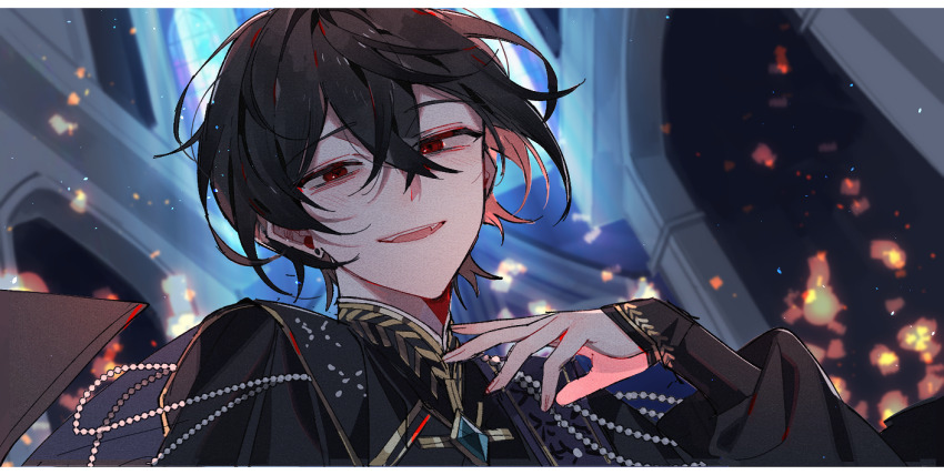 1boy anight beads black_hair blurry blurry_background ear_piercing ensemble_stars! hair_between_eyes long_sleeves looking_at_viewer official_alternate_costume open_mouth original piercing red_eyes sakuma_ritsu sleeves_past_wrists smile solo teeth upper_body upper_teeth_only