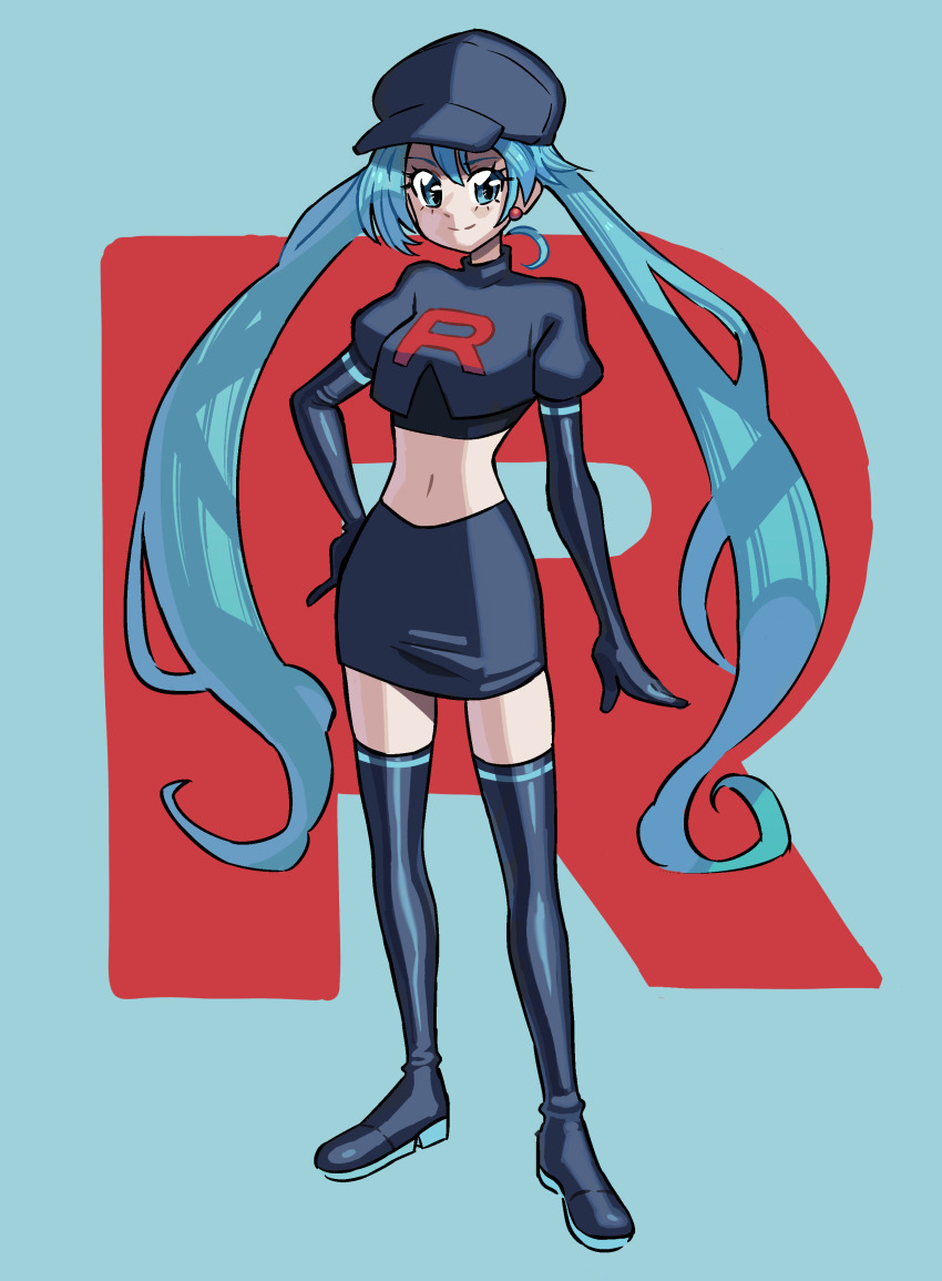 1girl absurdres aqua_eyes aqua_hair baseball_cap black_gloves black_skirt boots breasts commentary cosplay cropped_shirt elbow_gloves full_body gloves hat hatsune_miku highres kaatokun long_hair medium_breasts midriff miniskirt navel nintendo pencil_skirt pokemon puffy_short_sleeves puffy_sleeves short_sleeves skirt solo team_rocket_grunt team_rocket_grunt_(cosplay) thigh_boots thighhighs twintails very_long_hair vocaloid zettai_ryouiki