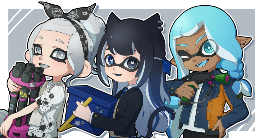 3girls animal_ear_piercing animal_ears asymmetrical_hair bandana black_bandana black_eyes black_hair black_jacket blazer blue_eyes blue_hair blue_necktie blue_ribbon blue_tongue border braid bright_pupils cat-shaped_pupils cat_ears cat_girl cat_tail collared_shirt colored_tongue commentary_request dark-skinned_female dark_skin denim denim_jacket fangs gradient_hair grey_background grey_eyes grey_hair grey_tongue hair_ribbon half_updo hand_on_own_hip heavy_splatling_(splatoon) heterochromia highres holding holding_weapon inkling inkling_girl inkling_player_character jacket light_blush long_hair minato_yodaka multicolored_hair multiple_girls necktie nintendo octoling octoling_girl octoling_player_character one_eye_closed open_clothes open_jacket open_mouth pointy_ears ponytail print_bandana print_shirt ribbon shirt short_hair sidelocks single_braid smile splat_dualies_(splatoon) splatoon_(series) splatoon_3 splatter_print sweater sweater_vest symbol-shaped_pupils tail tentacle_hair tri-slosher_(splatoon) two-tone_hair weapon white_border white_pupils white_shirt white_sweater_vest yellow_sweater