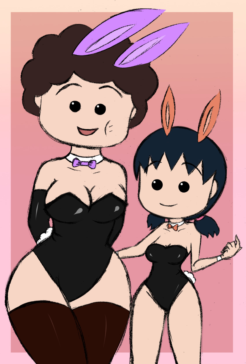 2girls black_hair black_leotard breasts chibi_maruko-chan cleavage highres leotard mother_and_daughter multiple_girls playboy_bunny sakura_sakiko sakura_sumire