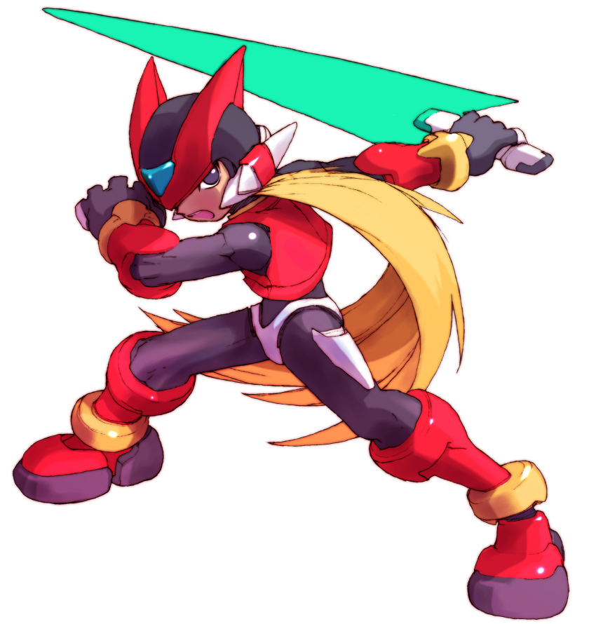 1boy android armor black_eyes blonde_hair boots energy_sword helmet highres long_hair male_focus mega_man_(series) mega_man_zero_(series) nakayama_tooru official_art red_armor red_boots red_helmet simple_background solo sword third-party_source weapon white_background z_saber zero(z)_(mega_man) zero_(mega_man)