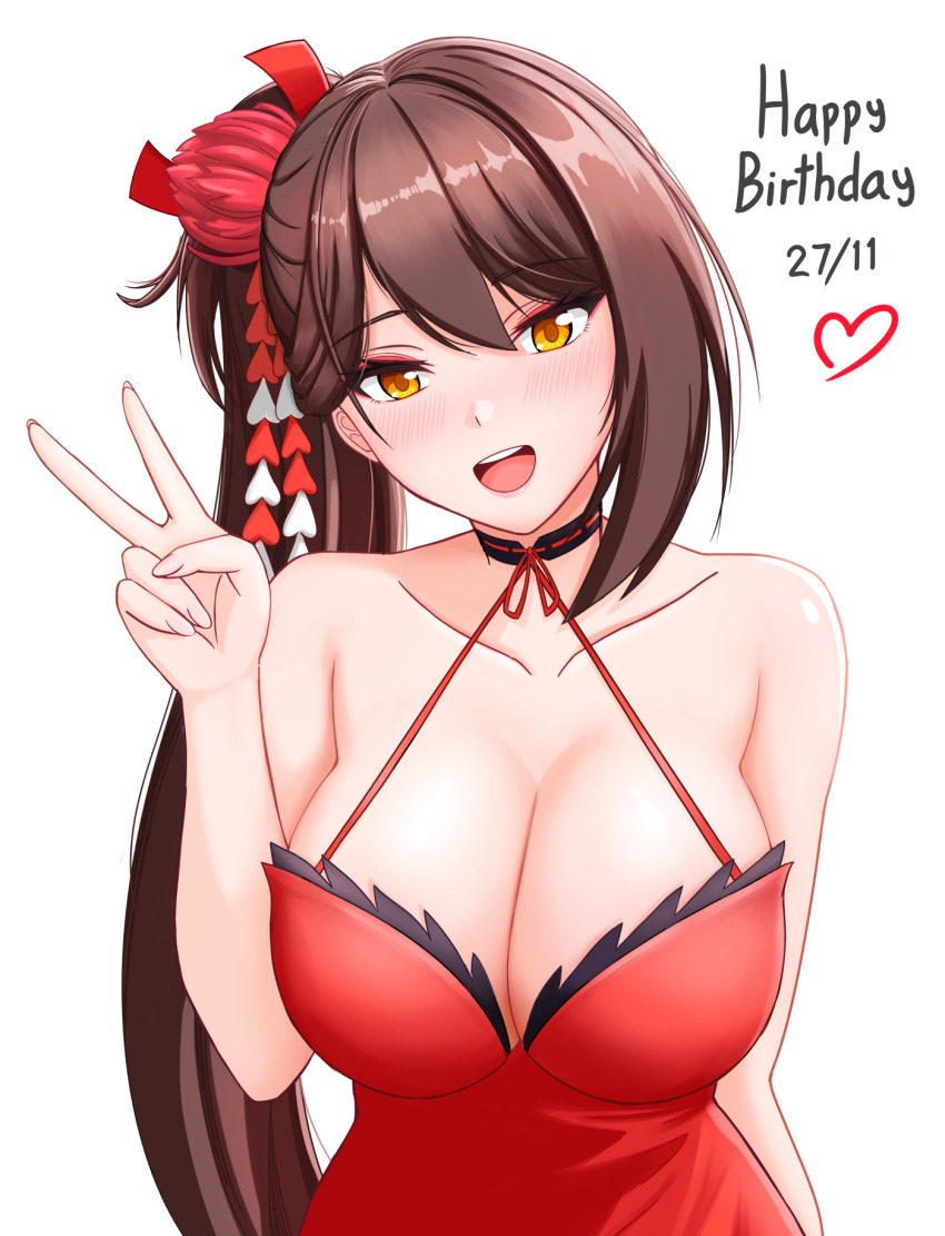 1girl alternate_costume azur_lane bare_arms bare_shoulders birthday breasts brown_hair cleavage cleavage_cutout clothing_cutout collarbone crane_enthusiast dress eyeshadow halter_dress halterneck happy_birthday highres large_breasts makeup ponytail red_eyeshadow shiny_skin smile tagme teeth tongue v yellow_eyes zuikaku_(azur_lane)
