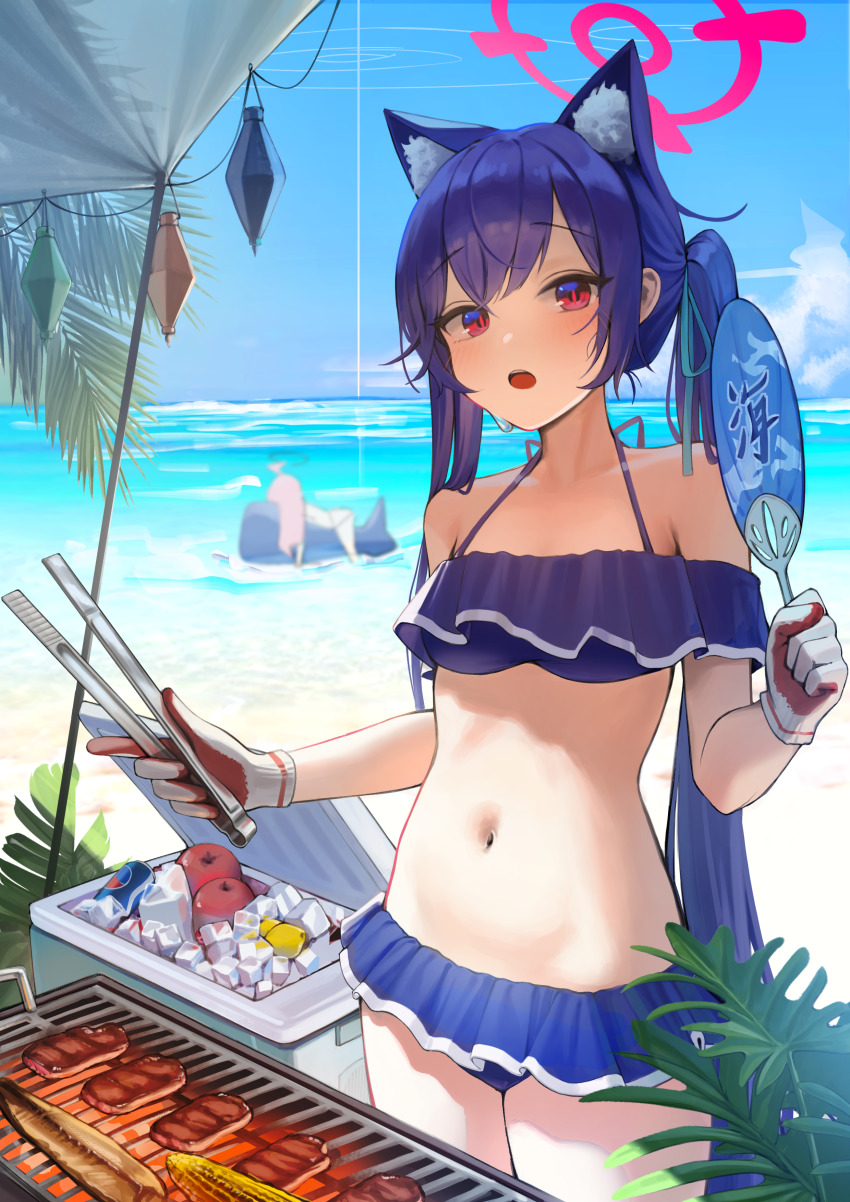 2girls absurdres animal_ear_fluff animal_ears bare_arms bare_shoulders beach bikini black_bikini blue_archive blue_bikini blue_hair blue_sky blush breasts can cat_ears cat_girl cloud collarbone cooking cooler corn cowboy_shot day dong_ji drink_can drinking_straw extra_ears fish fish_(food) food frilled_bikini frills fruit gloves grill grilled_fish grilling halo halterneck hand_fan highres holding holding_tongs hoshino_(blue_archive) ice ice_cube leaf lemon long_hair looking_at_viewer lying meat medium_breasts midriff multiple_girls navel ocean off-shoulder_bikini off_shoulder on_stomach open_mouth outdoors paper_fan purple_hair red_eyes revision sand serika_(blue_archive) serika_(swimsuit)_(blue_archive) sidelocks sky soda_can solo_focus standing stomach sweat swimsuit thighs tongs twintails umbrella very_long_hair water white_gloves