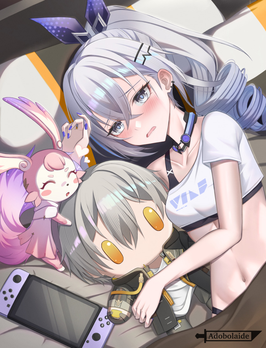 1girl absurdres adobolaide blush blush_stickers caelus_(honkai:_star_rail) character_doll choker crop_top doll drill_hair grey_eyes grey_hair hair_ornament hair_ribbon hairclip handheld_game_console highres honkai:_star_rail honkai_(series) long_hair mem_(honkai:_star_rail) midriff navel nintendo_switch open_mouth ponytail ribbon shirt silver_wolf_(honkai:_star_rail) single-shoulder_shirt single_sleeve stomach trailblazer_(honkai:_star_rail) upper_body white_shirt
