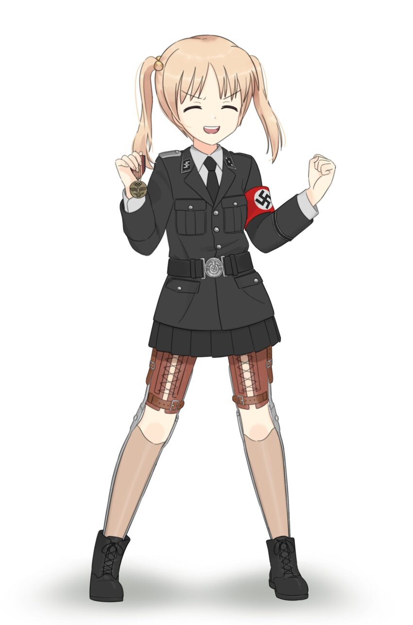1girl absurdres alternate_costume amputee belt black_belt black_cat03 black_collar black_footwear black_jacket black_necktie black_skirt blonde_hair closed_eyes collar full_body hands_up highres ibarazaki_emi jacket katawa_shoujo medal nazi necktie olympic_rings open_mouth prosthesis prosthetic_leg reichsadler shirt short_hair simple_background skirt swastika twintails uniform v-shaped_eyebrows white_background white_shirt