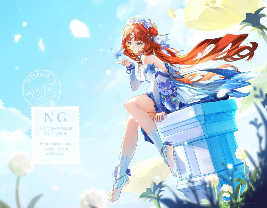 1girl absurdres aqua_eyes bare_shoulders barefoot closed_mouth double_bun dress dress_flower floating_hair flower full_body gem genshin_impact hair_bun hair_ornament highres hoshiusagi_no_chloe long_hair nilou_(breeze_of_sabaa)_(genshin_impact) nilou_(genshin_impact) official_alternate_costume outdoors purple_flower red_hair sitting smile solo white_dress