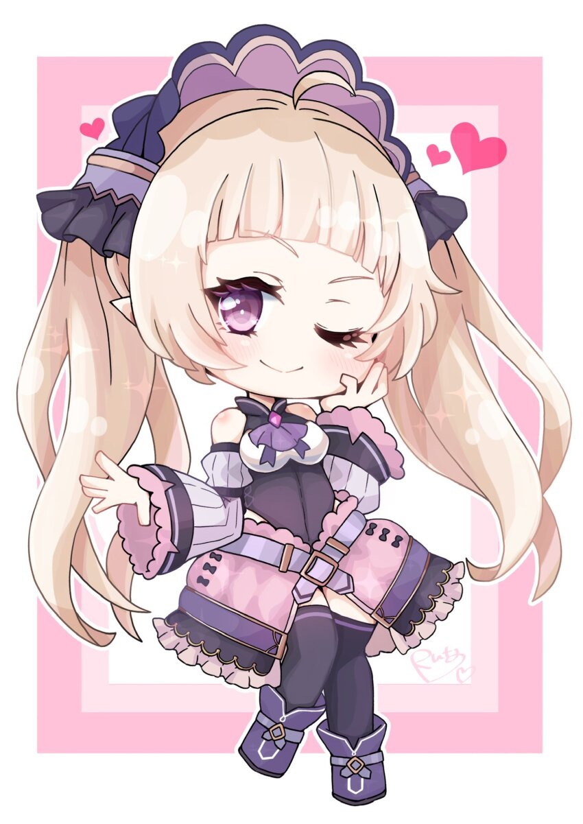 1boy ;) ahoge artist_request bare_shoulders belt blonde_hair blush breasts chibi crossdressing detached_sleeves elf frilled_skirt frilled_sleeves frills hair_ornament hand_on_own_cheek hand_on_own_face heart hime_cut large_breasts long_hair one_eye_closed pink_skirt pointy_ears princess_connect! purple_eyes skirt smile source_request thighhighs twintails very_long_hair wink yuki_(princess_connect!) zettai_ryouiki