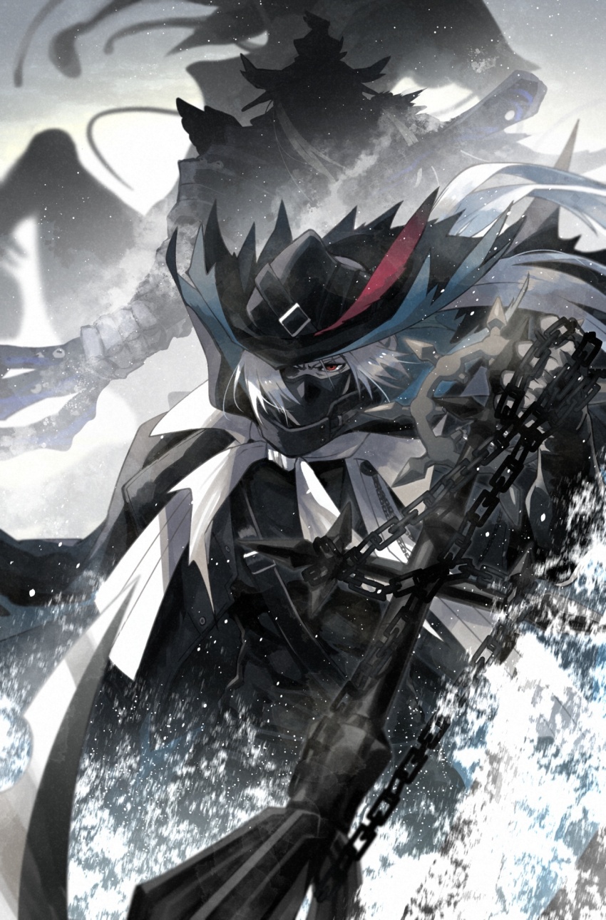 2boys anchor arknights black_cape black_hat cape commentary floating_hair grey_hair hat highres holding holding_weapon horse looking_back mask morini_ochiteru mouth_mask multiple_boys red_hair rocinante_(arknights) silhouette the_last_knight_(arknights) ulpianus_(arknights) water weapon