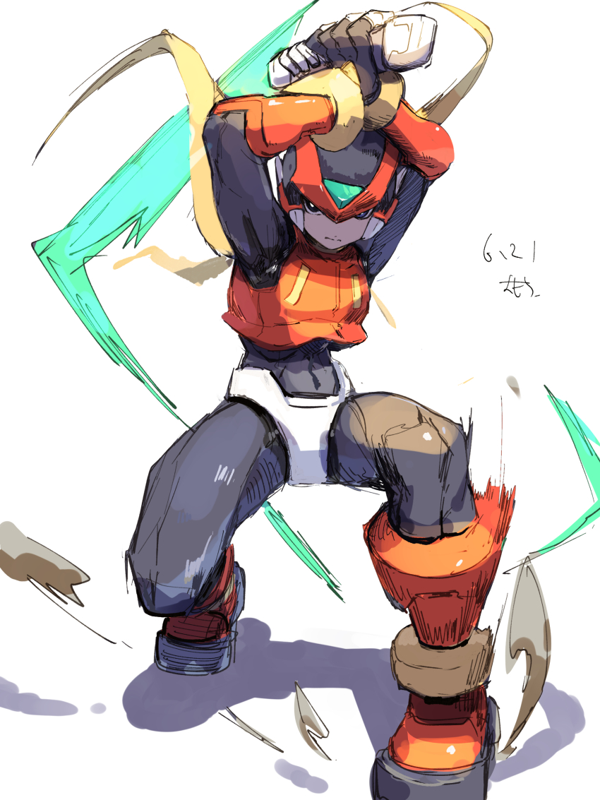 1boy armor black_eyes dated energy_sword forehead_jewel full_body helmet highres holding holding_sword holding_weapon mega_man_(series) mega_man_zero_(series) omochi_(mochi_skymega) red_armor red_helmet simple_background solo sword weapon white_background z_saber zero(z)_(mega_man) zero_(mega_man)