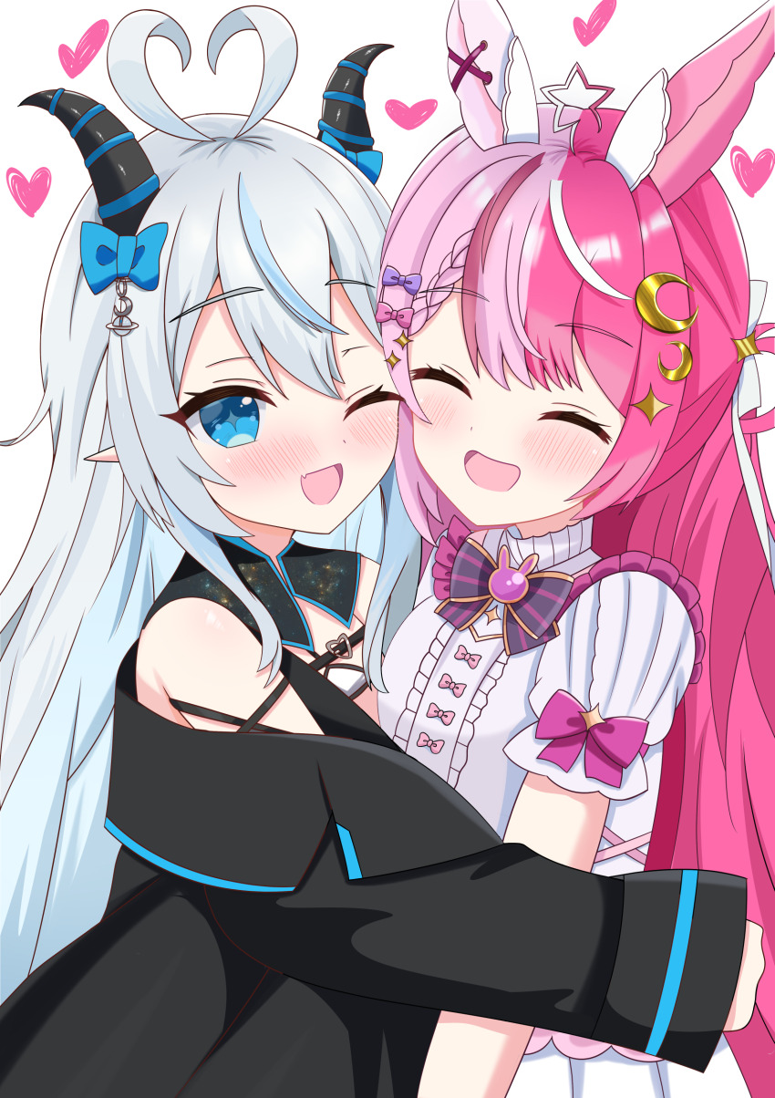 1girl 2girls :d absurdres ahoge akugaki_koa animal_ears black_jacket black_shrug blue_bow blue_eyes blue_hair blush bow bowtie buckle center_frills chest_belt commentary_request commission crescent crescent_hair_ornament crescent_pendant demon_girl demon_horns diamond-shaped_pupils diamond_(shape) dress fang frills hair_between_eyes hair_bow hair_ornament happy heart heart-shaped_buckle heart_ahoge highres hiiragisensei horns hug idol_corp jacket lalabell_lullaby long_hair looking_at_viewer magical_girl multicolored_hair multiple_girls off_shoulder one_eye_closed open_mouth pink_bow pink_hair pixiv_commission pointy_ears puffy_short_sleeves puffy_sleeves purple_bow purple_bowtie rabbit_brooch rabbit_ears short_sleeves shrug_(clothing) skin_fang smile sparkle_hair_ornament split-color_hair star_ahoge streaked_hair symbol-shaped_pupils virtual_youtuber white_dress white_hair