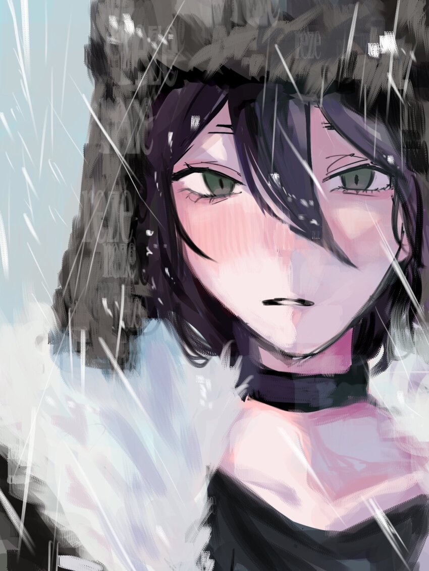 1girl black_choker chainsaw_man choker coat fur-trimmed_coat fur_hat fur_trim green_eyes hair_between_eyes hat highres looking_at_viewer onb5k parted_lips purple_hair reze_(chainsaw_man) snowing solo ushanka winter_clothes