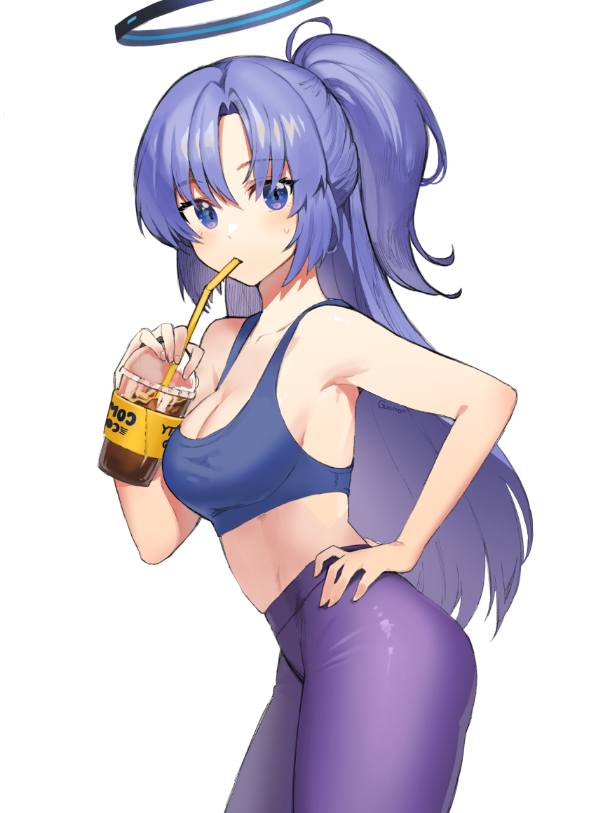 1girl absurdres alternate_costume bare_arms bare_shoulders blue_archive blush breasts cowboy_shot cup disposable_cup drinking drinking_straw guamon hand_on_own_hip highres holding holding_cup long_hair looking_at_viewer medium_breasts midriff pants simple_background solo sports_bra standing sweatdrop tight_clothes tight_pants white_background yoga_pants yuuka_(blue_archive)