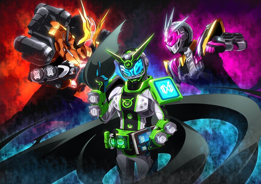 3boys alternate_costume armor belt beyondriver black_armor black_bodysuit black_boots black_gloves bodysuit boots clock_hands commentary_request compound_eyes finishing_move flying geiz_revive geiz_revive_goretsu gloves highres holding horns kamen_rider kamen_rider_geiz kamen_rider_woz kamen_rider_zi-o kamen_rider_zi-o_(series) kamen_rider_zi-o_ii male_focus multiple_boys multiple_horns official_alternate_costume orange_armor otokamu pink_eyes pink_gloves revive_ridewatch rider_belt solo tokusatsu translation_request weapon yellow_eyes yellow_horns