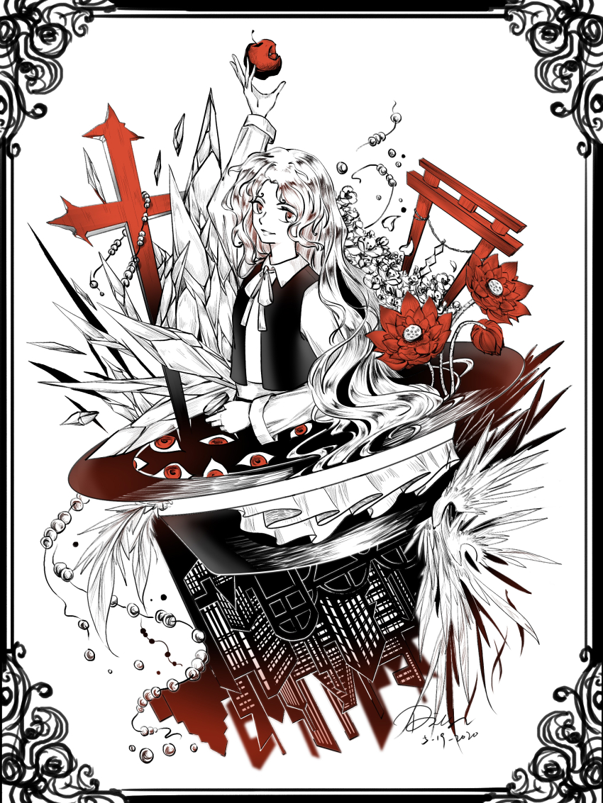 1256310514 1girl absurdres apple arm_up commentary_request cross dolls_in_pseudo_paradise flower food frilled_hat frills fruit gap_(touhou) hat hat_feather highres holding holding_food holding_fruit jacket_girl_(dipp) limited_palette long_hair long_sleeves looking_at_viewer lotus lotus_pod neck_ribbon parted_lips red_flower ribbon solo torii touhou traditional_media very_long_hair wavy_hair