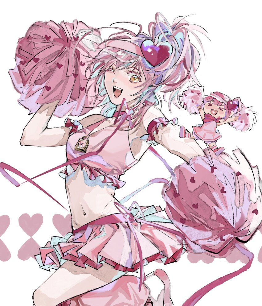 &gt;_&lt; 2girls amulet_heart armlet arms_up commentary_request dress frilled_skirt frills heart highres hinamori_amu holding holding_pom_poms jewelry leg_up leg_warmers magical_girl miniskirt multiple_girls one_eye_closed open_mouth pink_dress pink_leg_warmers pink_theme pom_pom_(cheerleading) pom_poms ran_(shugo_chara!) realemonade red_ribbon ribbon shugo_chara! simple_background skirt solo teeth upper_teeth_only visor_cap white_background yellow_eyes