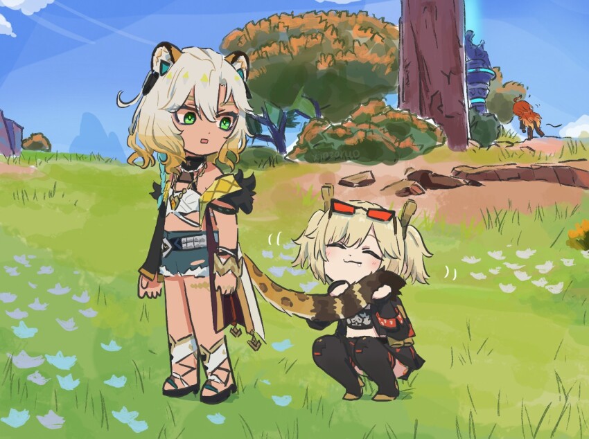 2girls animal_ears blonde_hair burnice_white denim denim_shorts drooling eyewear_on_head full_body genshin_impact grey_hair jaguar_ears jaguar_girl jaguar_tail long_sleeves looking_at_another looking_back medium_hair multiple_girls shorts squatting standing tail xilonen_(genshin_impact) xinzoruo zenless_zone_zero