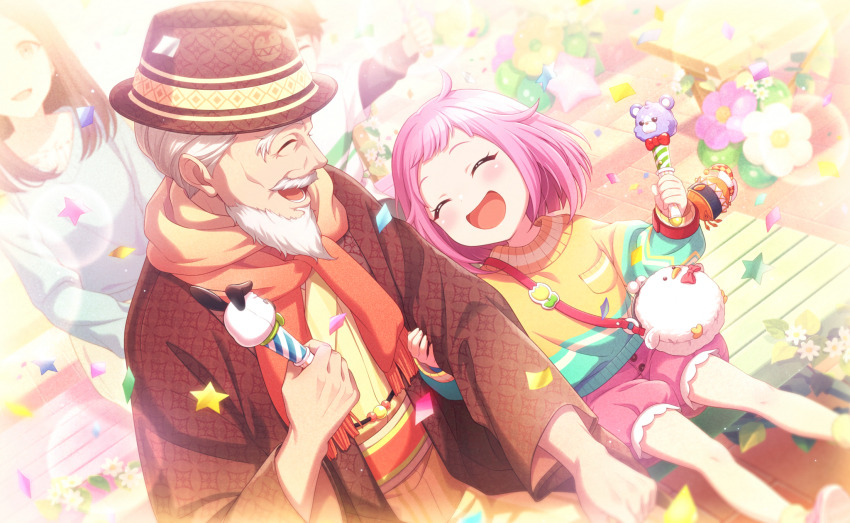 2boys 2girls :d ^_^ animal_bag atashi-tachi_no_happy_end_(project_sekai) beard blurry blush bokeh brown_hat brown_jacket child closed_eyes colorful_palette confetti depth_of_field facial_hair flower game_cg grey_hair hat highres holding jacket multicolored_sweater multiple_boys multiple_girls official_art old old_man ootori_emu open_mouth orange_scarf pink_flower pink_hair pink_shorts project_sekai scarf shirt shorts sitting smile star_(symbol) sweater third-party_source tongue vignetting white_flower yellow_shirt
