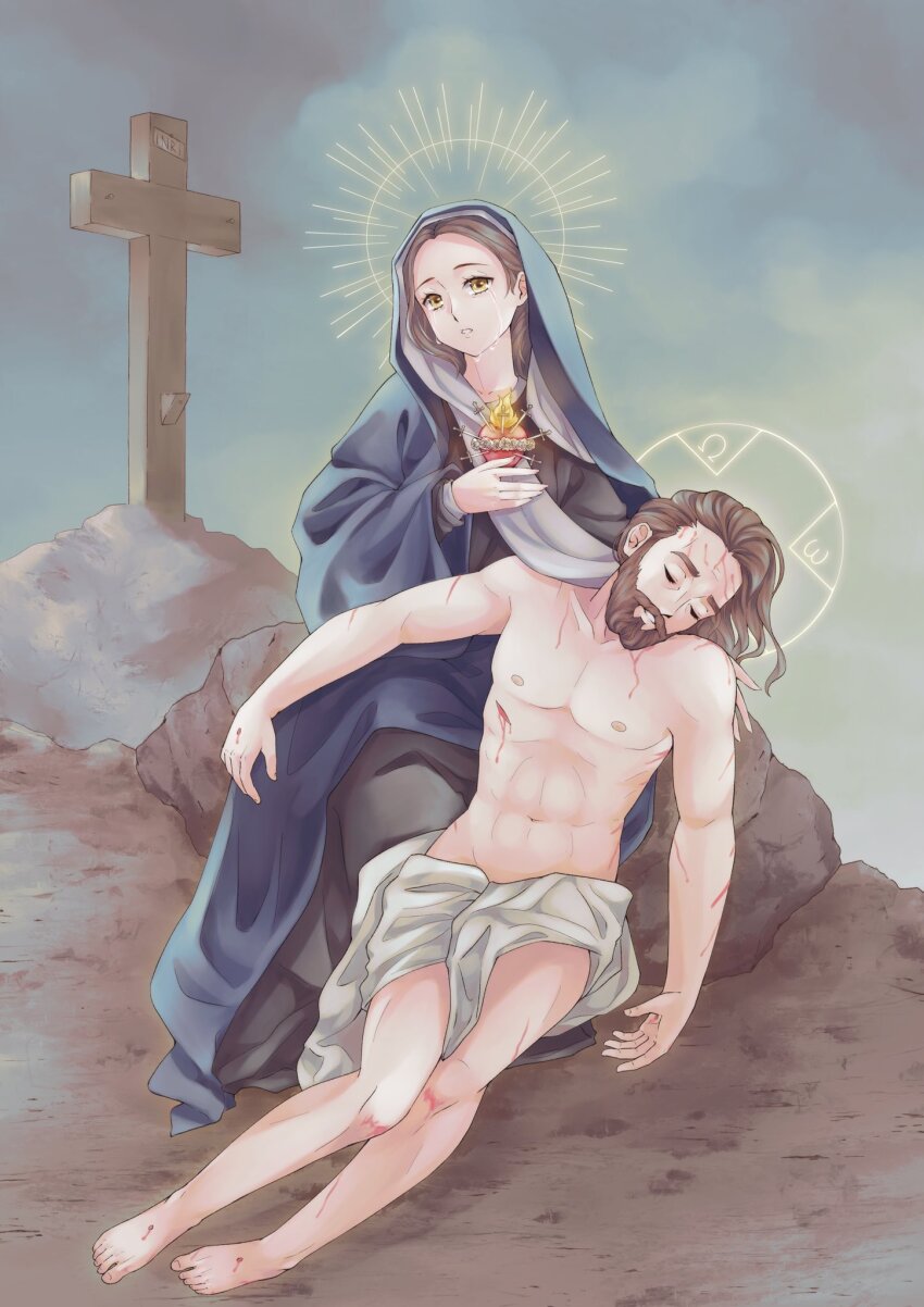 1boy 1girl an_dres_art beard blood blue_veil brown_facial_hair brown_hair christian_mythology cloud cloudy_sky cross crying crying_with_eyes_open death dress facial_hair fine_art_parody fire halo halo_behind_head heart highres hill jesus latin_cross outdoors parody pieta rock sky stigmata tears the_bible topless_male veil virgin_mary yellow_eyes