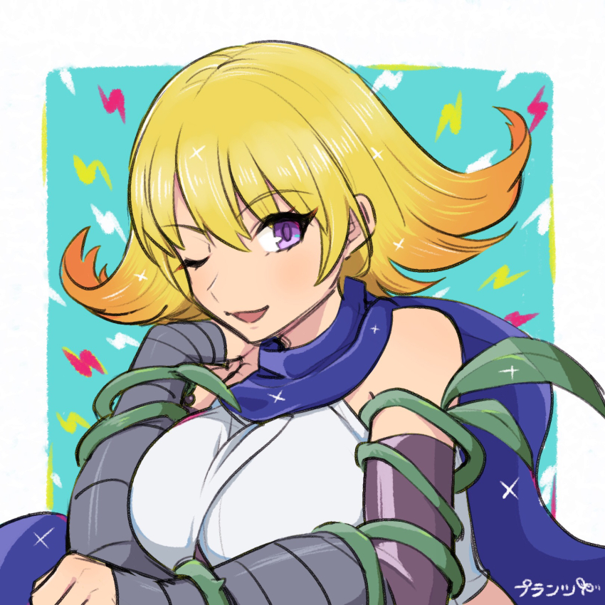 1girl 72kuri blonde_hair blue_scarf breasts highres kid_icarus kid_icarus_uprising lightning_bolt_symbol looking_at_viewer multicolored_hair nintendo one_eye_closed orange_hair phosphora plant purple_eyes scarf solo sparkle two-tone_hair upper_body vines