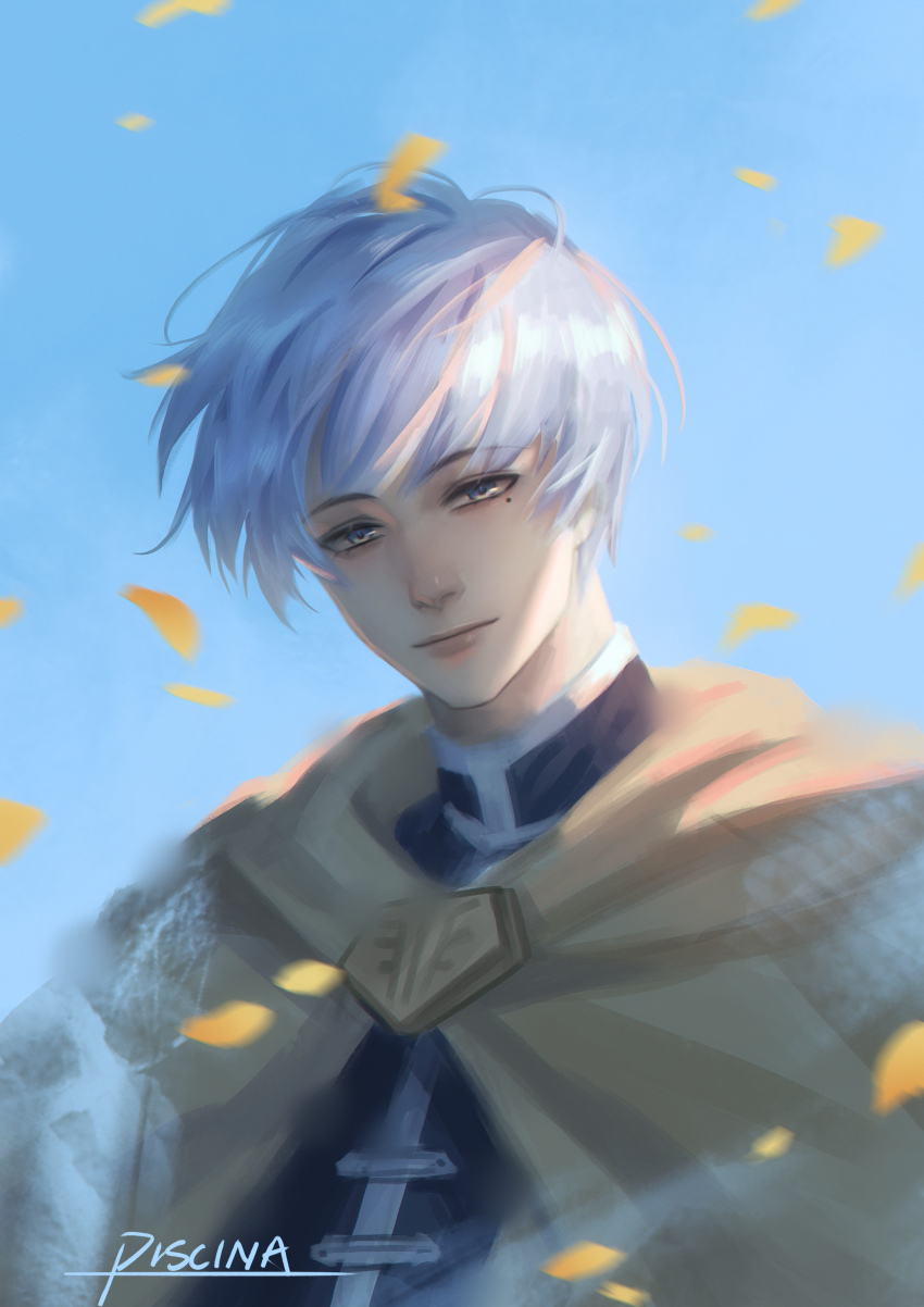 1boy absurdres bishounen blue_sky cape day falling_leaves grey_eyes grey_hair highres himmel_(sousou_no_frieren) leaf looking_at_viewer male_focus mole mole_under_eye outdoors piscina short_hair sky sousou_no_frieren yellow_cape