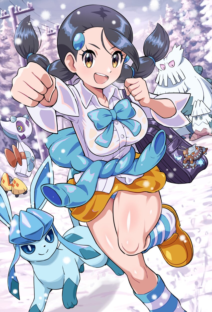 1girl :d abomasnow absurdres alternate_breast_size bag black_hair bow breasts buttons candice_(pokemon) clenched_hands collared_shirt commentary_request day eyelashes froslass game_freak gen_3_pokemon gen_4_pokemon glaceon hair_ornament hairclip heatran highres knees large_breasts leg_up legendary_pokemon long_hair looking_at_viewer multi-tied_hair nintendo open_mouth outdoors outstretched_arm panties pantyshot pokemoa pokemon pokemon_(creature) pokemon_dppt power_lines shiny_skin shirt shoes skirt smile snorunt snover snow snowing socks striped_clothes striped_panties striped_socks twintails underwear utility_pole white_shirt