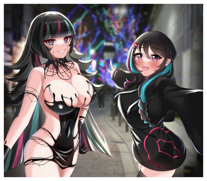 2girls black_dress black_hair black_liquid black_nails black_thighhighs blue_eyes blue_hair blurry blurry_background braid braided_ponytail breasts christmas christmas_lights claws cleavage constricted_pupils detached_collar dress dual_persona emma_llama hair_ornament highres hood hoodie indie_virtual_youtuber large_breasts liquid_clothes liquid_from_eyes long_hair looking_at_viewer multicolored_eyes multicolored_hair multiple_girls no_pants open_mouth pink_eyes pink_hair pointing pointing_forward sharp_teeth side_ponytail smile streaked_hair teeth thighhighs town two-tone_eyes valella_moon virtual_youtuber wide_sleeves x_hair_ornament