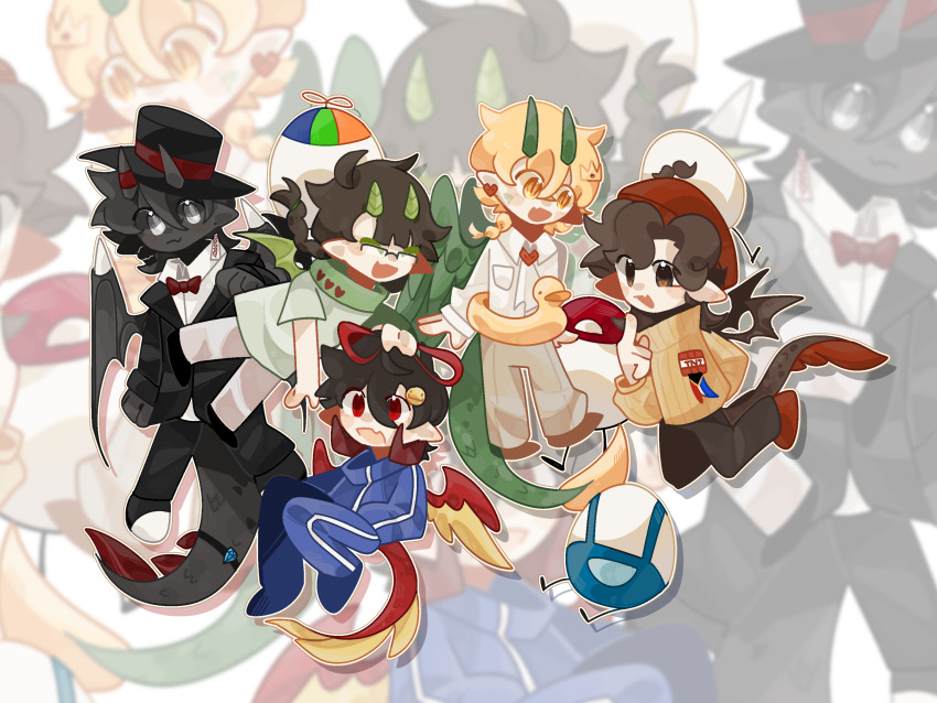 1other 2boys 2girls beanie black_jacket black_pants black_skin blonde_hair bobby_(quackity_smp) bow bowtie braid brother_and_sister brown_hair chayanne child chinese_commentary colored_skin commentary_request dapper_(quackity_smp) demon_boy demon_horns dragon_boy dragon_girl dragon_horns dragon_tail dragon_wings dream_smp duck_innertube egg explosive formal_clothes glasses hair_ribbon hardcore_heart hat highres horns jacket juanaflippa l&#039;manberg_flag long_hair luoenwoaini minecraft minecraft_youtube monster_boy multiple_boys multiple_girls pants personification propeller_hat quackity_smp ramon_(quackity_smp) red_bow red_bowtie red_ribbon ribbon shirt siblings single_braid sweater tail tallulah_(old_design)_(quackity_smp) tallulah_(quackity_smp) tilin tnt tnt_block_(minecraft) top_hat trump_(quackity_smp) variant_set white_eyes white_shirt wings yellow_sweater zoom_layer