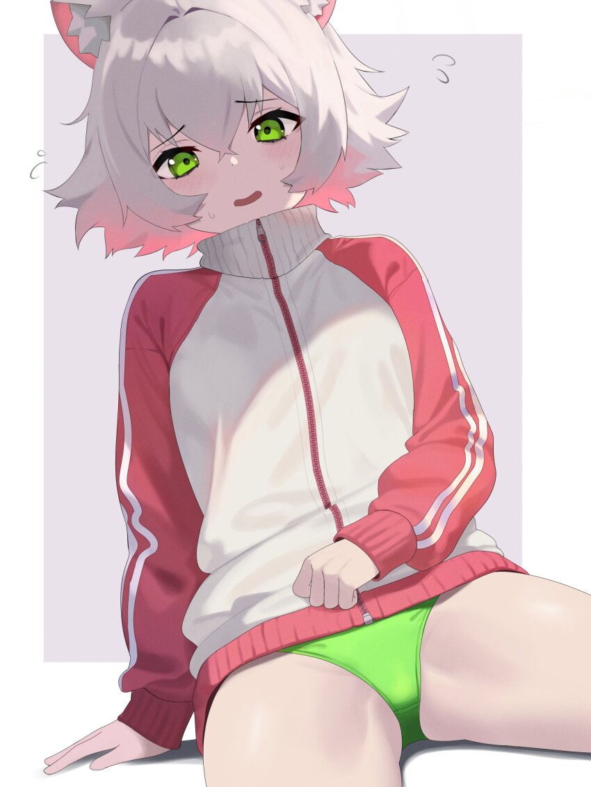 1girl animal_ear_fluff animal_ears arm_support border crossed_bangs dutch_angle embarrassed flying_sweatdrops furrowed_brow gradient_hair green_eyes green_panties grey_background hair_between_eyes high_collar highres jacket light_blush long_sleeves looking_at_viewer mouse_ears mouse_girl multicolored_hair no_pants original outside_border panties pantsu_shot parted_lips perl_(vertigris) pink_hair pink_sleeves shadow sidelocks sitting solo spread_legs sweat track_jacket two-tone_hair underwear white_border white_hair white_jacket zipper zipper_pull_tab