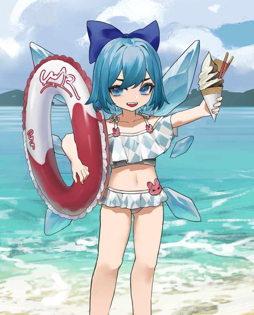 1girl :d argyle_bikini argyle_clothes bare_shoulders bikini bikini_skirt blue_bikini blue_bow blue_eyes blue_hair blue_sky bow cirno cloud cropped day feet_out_of_frame food hair_bow highres holding holding_food holding_ice_cream holding_swim_ring ice ice_cream ice_wings innertube looking_at_viewer mountainous_horizon multicolored_bikini navel ocean open_mouth outdoors short_hair sky smile solo standing swim_ring swimsuit touhou two-tone_bikini white_bikini wings zhong-yan_(2669)