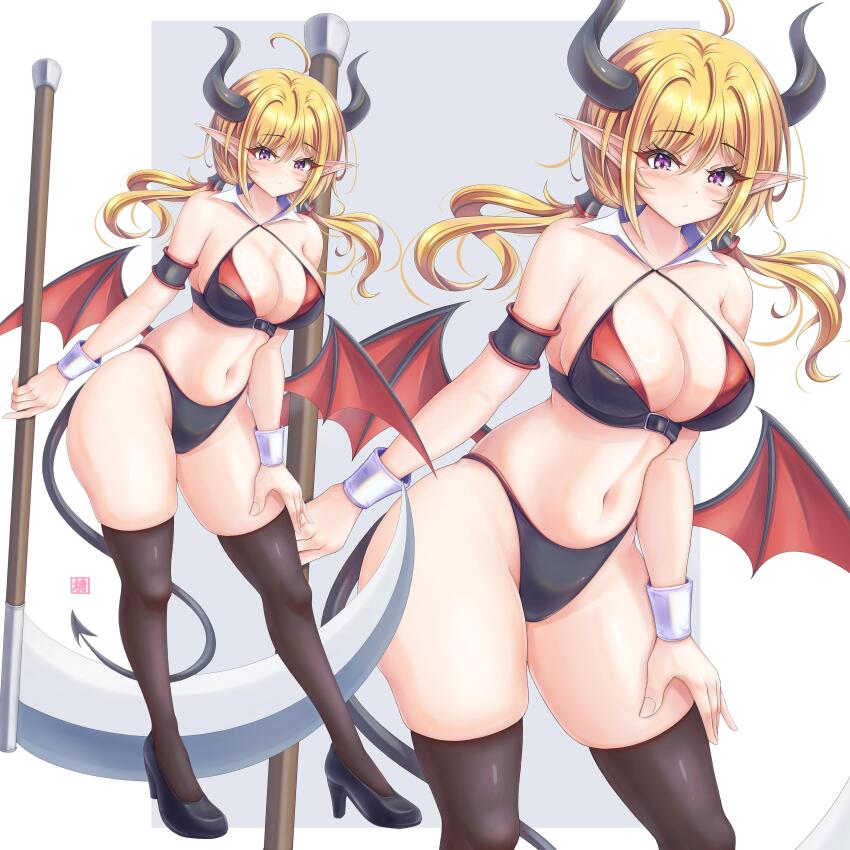 absurdres ahoge bikini black_bikini black_pantyhose black_shoes black_thighhighs bong bracer breasts cleavage closed_mouth commentary_request curvy demon_girl demon_horns demon_tail demon_wings detached_collar grey_background hair_tubes high_heels highleg highres holding holding_scythe horns large_breasts long_hair looking_at_viewer navel original pantyhose pointy_ears purple_eyes scythe shoes standing swimsuit tail thighhighs tong_shui twintails white_background wings zoom_layer