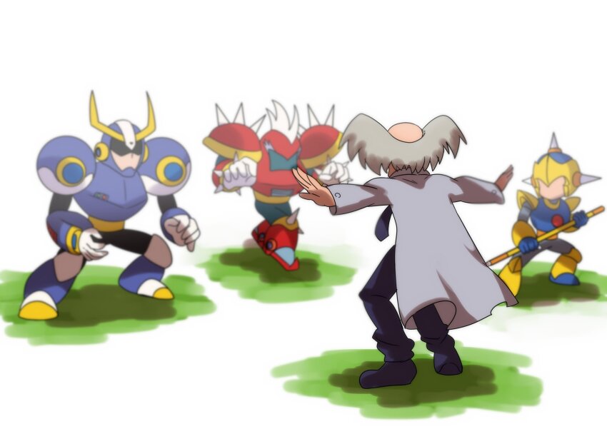 4boys android arm_cannon armor bald ballade_(mega_man) black_necktie black_pants black_shoes blue_gloves dr._wily_(mega_man) enker_(mega_man) faceless faceless_male fake_horns from_behind full_body gloves grey_hair helmet highres holding holding_polearm holding_weapon horned_helmet horns jurassic_world lab_coat male_focus mega_man:_dr._wily&#039;s_revenge mega_man_(classic) mega_man_(series) mega_man_10 mega_man_iii mega_man_iv meme multiple_boys necktie old old_man outstretched_arms pants pauldrons polearm prattkeeping_(meme) punk_(mega_man) robot shaded_face shoes shoulder_armor simple_background spiked_pauldrons standing standing_on_one_leg takenokonoko weapon white_background white_gloves