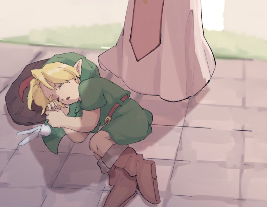 1boy 1girl belt blonde_hair boots brown_belt brown_footwear child closed_eyes commentary_request deku_shield dress fairy fetal_position green_hat green_tunic hat link long_dress lying male_focus navi nintendo on_side out_of_frame parted_lips pink_dress pointy_ears princess_zelda shield sleeping standing the_legend_of_zelda the_legend_of_zelda:_ocarina_of_time tunic two-tone_dress white_dress wooden_shield yamori_(yamoooon21) young_link young_zelda