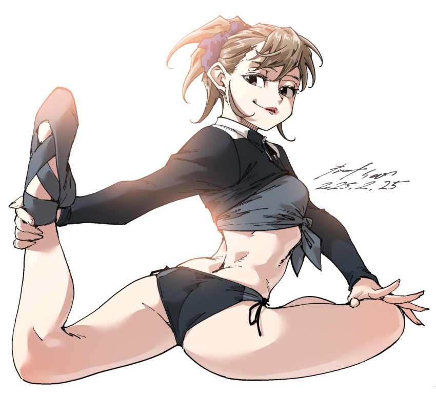 1girl ass brown_hair butt_crack flexible lips shirt smile tagme tied_shirt