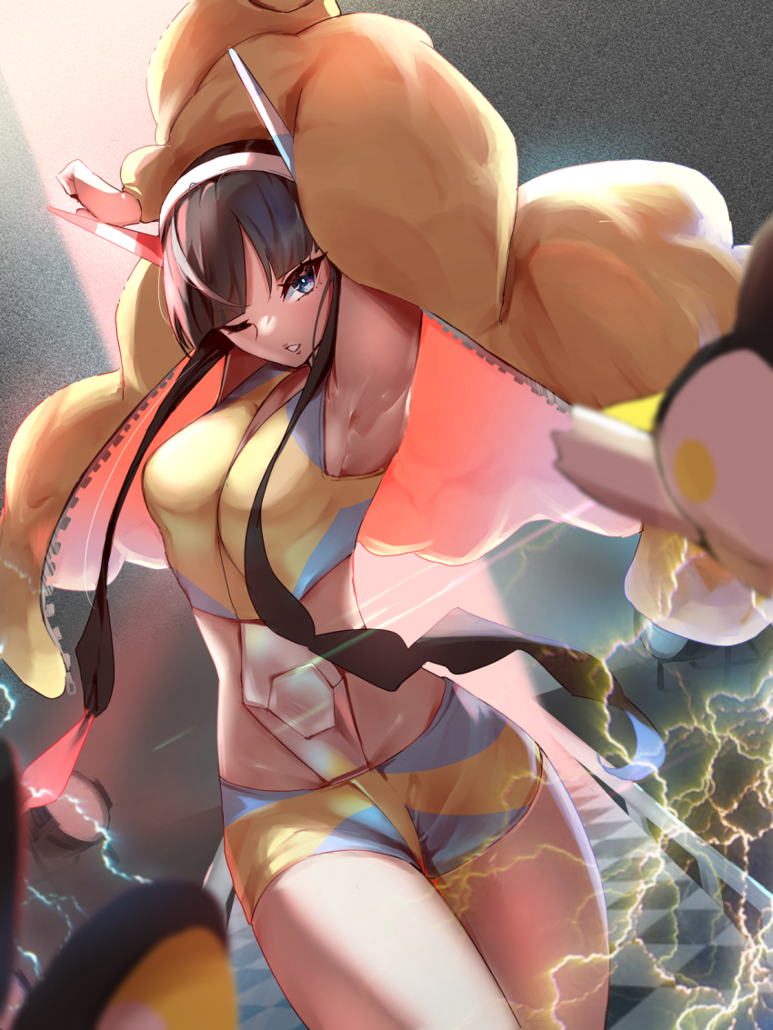 1girl armpits arms_up black_hair blue_eyes blunt_bangs crop_top electricity elesa_(pokemon) emolga gen_5_pokemon headphones highres jacket looking_at_viewer momdy_(talesshinja) nintendo one_eye_closed open_clothes open_jacket parted_lips pokemon pokemon_(creature) pokemon_bw2 shiny_skin short_hair short_hair_with_long_locks short_shorts shorts smile solo standing thighs yellow_jacket