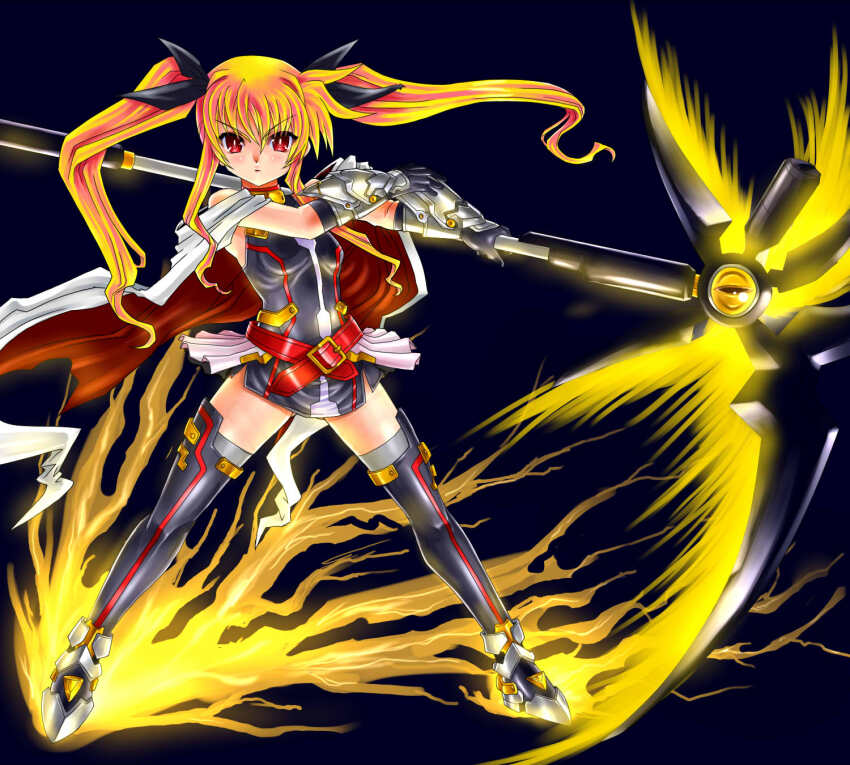 1girl armored_gloves armored_shoes bardiche_(nanoha) bardiche_(scythe_form)_(nanoha) black_bow black_dress black_gloves blonde_hair blue_background bow cape crossed_belts dress electricity energy_blade fate_testarossa fate_testarossa_(blaze_form) full_body gao_(naodayo) gloves highres holding holding_scythe holding_weapon layered_legwear lyrical_nanoha magical_girl mahou_shoujo_lyrical_nanoha mahou_shoujo_lyrical_nanoha_a&#039;s mahou_shoujo_lyrical_nanoha_the_movie_2nd_a&#039;s red_eyes scythe short_dress sidelocks simple_background solo thighhighs twintails two-sided_cape two-sided_fabric v-shaped_eyebrows weapon zettai_ryouiki
