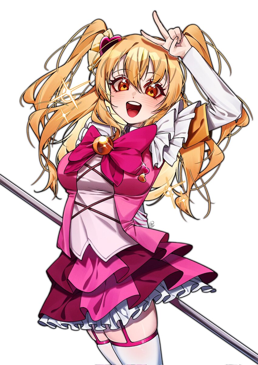 1girl :d armband blonde_hair bow breasts commentary_request cowboy_shot don_quixote_(project_moon) e.g.o_(project_moon) frilled_skirt frills highres holding holding_staff in_the_name_of_love_and_hate_(e.g.o) korean_commentary limbus_company lobotomy_corporation_(identity)_(project_moon) long_hair long_sleeves open_mouth orange_armband pink_bow pink_garter_straps project_moon skirt smile solo sparkle staff suillus teeth thighhighs two_side_up upper_teeth_only v v_over_head white_thighhighs yellow_eyes